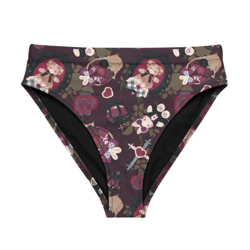 Gothic Teddy high-waisted bikini bottom in mauve and charcoal with cameo teddies and crimson roses, pastel goth swim