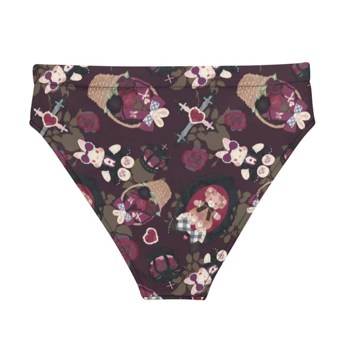 Gothic Teddy high-waisted bikini bottom in mauve and charcoal with winged bunnies and black crowns, goth swimwear