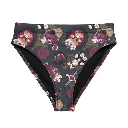 Gothic Teddy high-waisted bikini bottom in mauve and charcoal with dark roses and ornate crosses, alternative swim