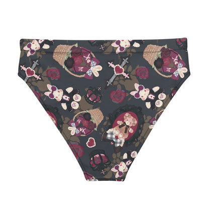 Gothic Teddy high-waisted bikini bottom in mauve and charcoal with rose baskets and gingham hearts, pastel goth swim