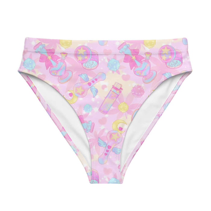 Indica Magica kawaii high-waisted bikini bottom in pink with candy-striped joints and crescent moons