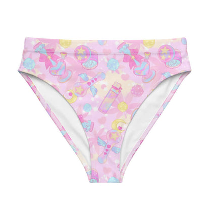 Indica Magica kawaii high-waisted bikini bottom in pink with candy-striped joints and crescent moons