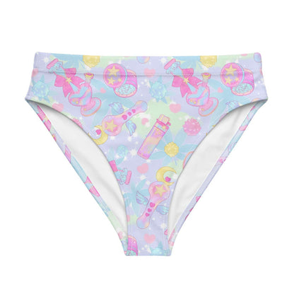 Indica Magica kawaii high-waisted bikini bottom in pastel with holographic bongs and cannabis leaves