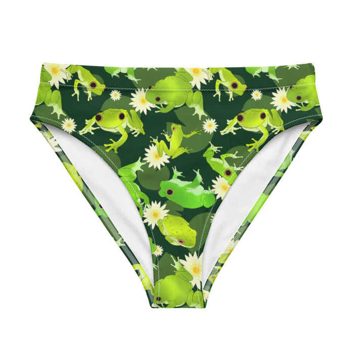 Kero-kero kawaii high-waisted bikini bottom in green with speckled frogs and floating lily pads