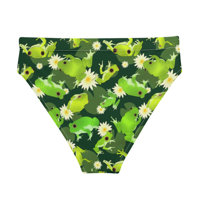 Kero-kero kawaii high-waisted bikini bottom in green with webbed-toed frogs and white lotus blossoms