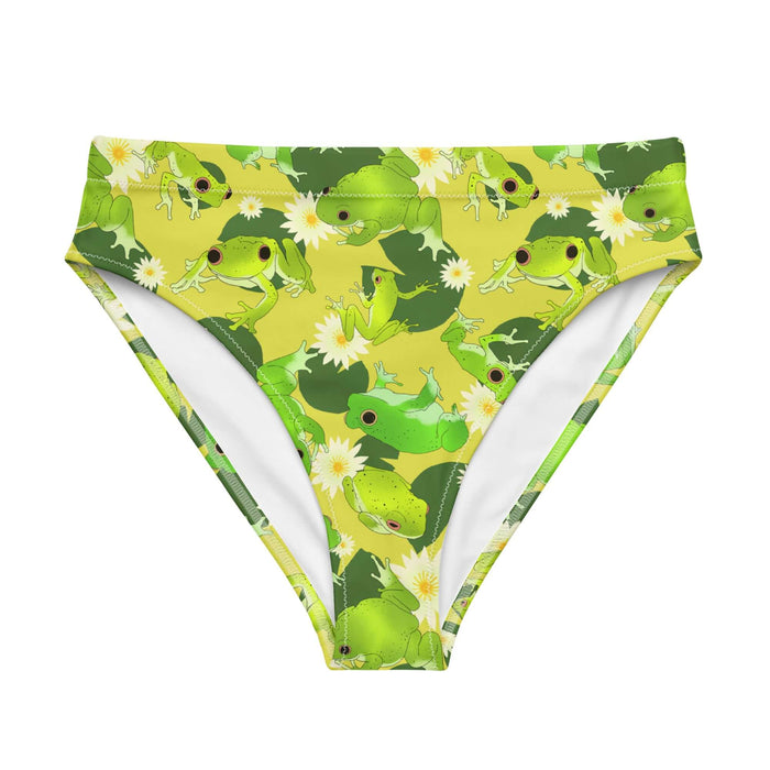 Kero-kero kawaii high-waisted bikini bottom in green with hopping green frogs and sunlit water lilies