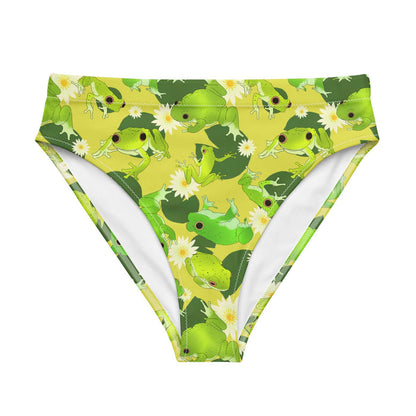 Kero-kero kawaii high-waisted bikini bottom in green with hopping green frogs and sunlit water lilies