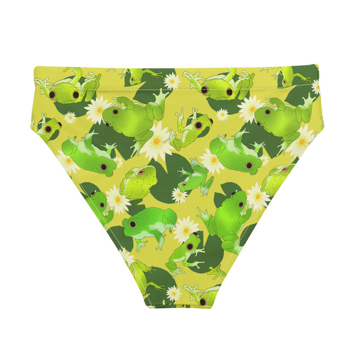 Kero-kero kawaii high-waisted bikini bottom in green with long-legged frogs and lily pads