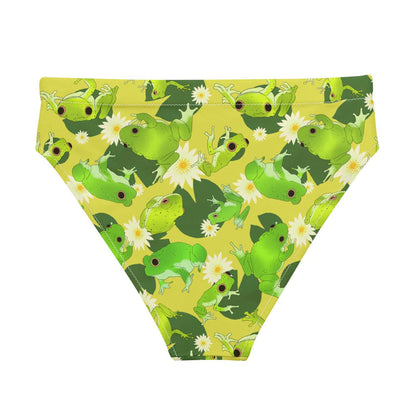 Kero-kero kawaii high-waisted bikini bottom in green with long-legged frogs and lily pads