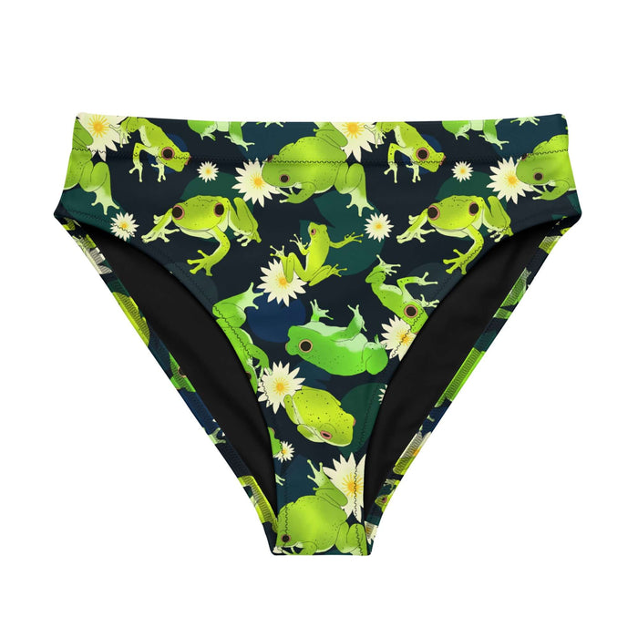 Kero-kero kawaii high-waisted bikini bottom in green with plump green frogs and golden lily centers