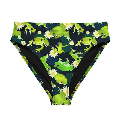 Kero-kero kawaii high-waisted bikini bottom in green with plump green frogs and golden lily centers