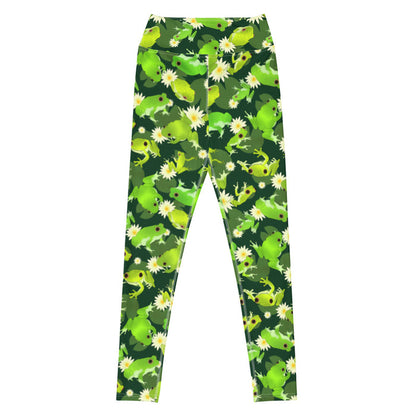 Kero-kero kawaii high-waisted leggings in green with hopping green frogs and sunlit water lilies