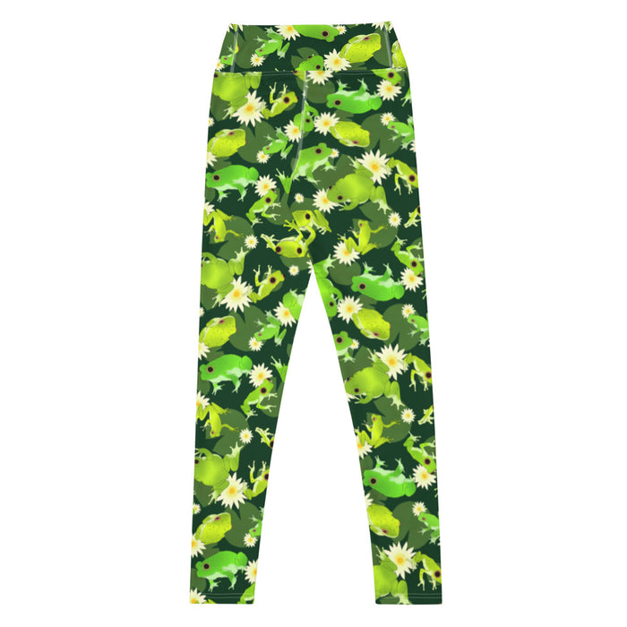 Kero-kero kawaii high-waisted leggings in green with long-legged frogs and lily pads