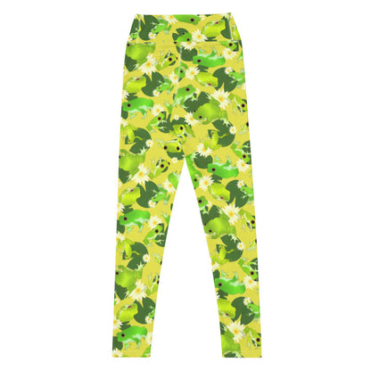 Kero-kero kawaii high-waisted leggings in green with bright green frogs and creamy lotus flowers