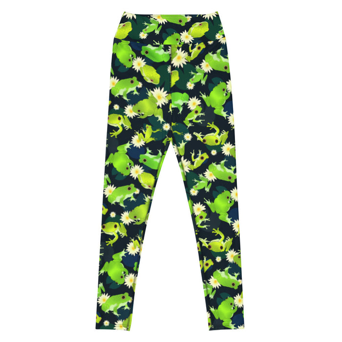 Kero-kero kawaii high-waisted leggings in green with frogs mid-jump and pale water lilies