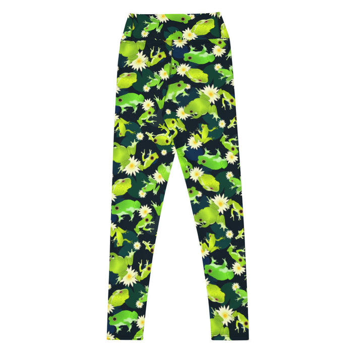 Kero-kero kawaii high-waisted leggings in green with green tree frogs and white water lilies