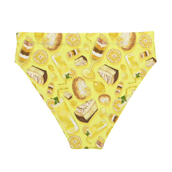 Lemon kawaii high-waisted bikini bottom in yellow with golden citrus tarts and iced lemonade
