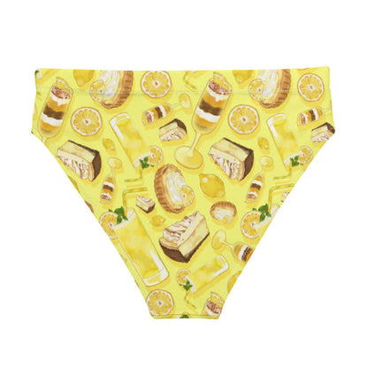 Lemon kawaii high-waisted bikini bottom in yellow with golden citrus tarts and iced lemonade
