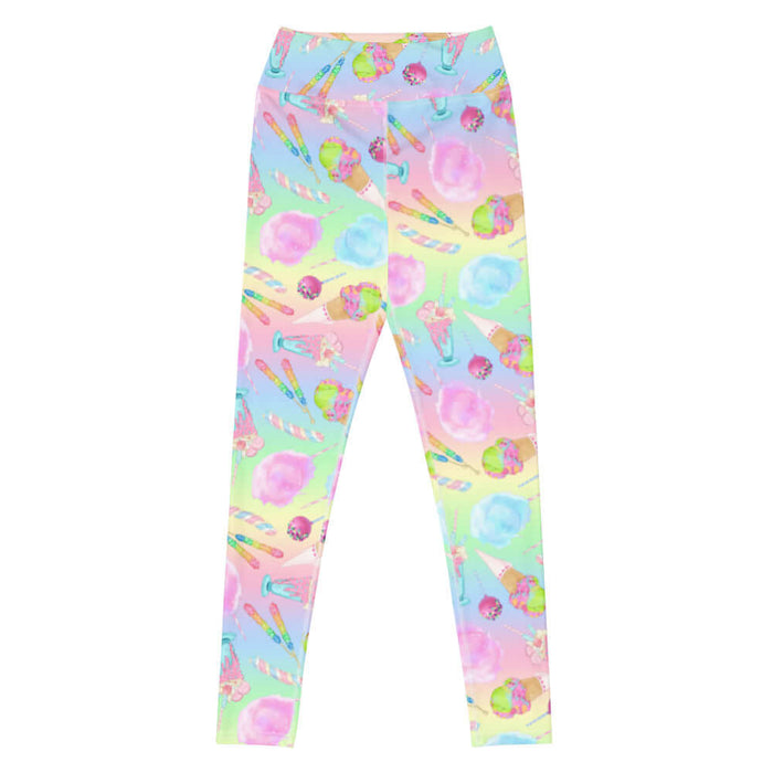 Rainbow Candy kawaii high-waisted leggings in pastel rainbow with whipped parfaits and rock candy sticks