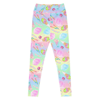 Rainbow Candy kawaii high-waisted leggings in pastel rainbow with whipped parfaits and rock candy sticks