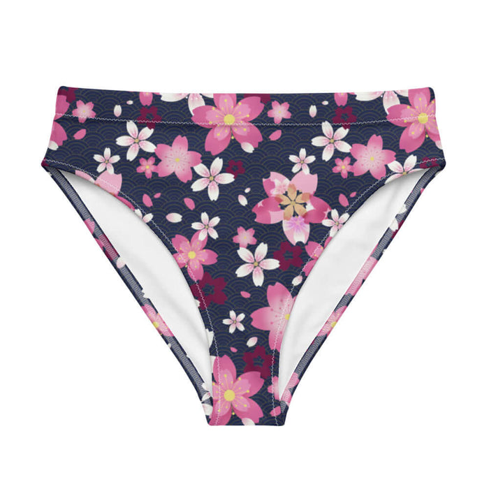 Sakura kawaii high-waisted bikini bottom in pink with drifting cherry blossom petals and golden wave arcs