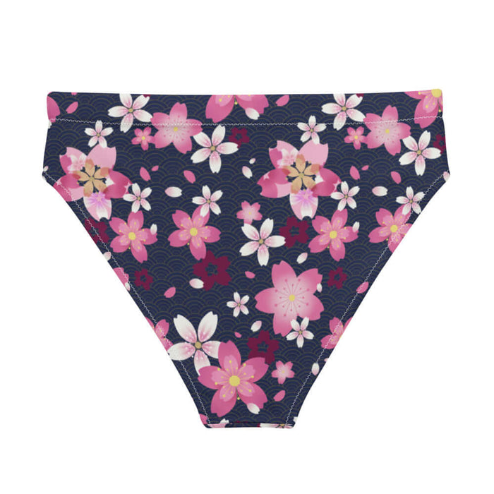 Sakura kawaii high-waisted bikini bottom in pink with bright pink sakura and white-centered wine blooms