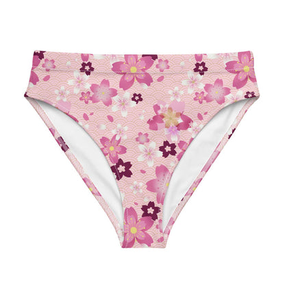 Sakura kawaii high-waisted bikini bottom in pink with pale pink blossoms and scattered petals