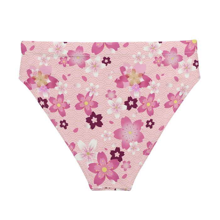 Sakura kawaii high-waisted bikini bottom in pink with golden-centered sakura and gold seigaiha waves
