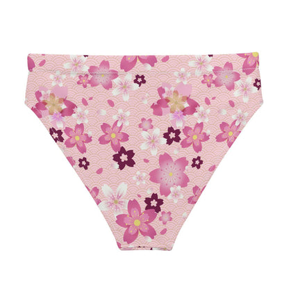Sakura kawaii high-waisted bikini bottom in pink with golden-centered sakura and gold seigaiha waves