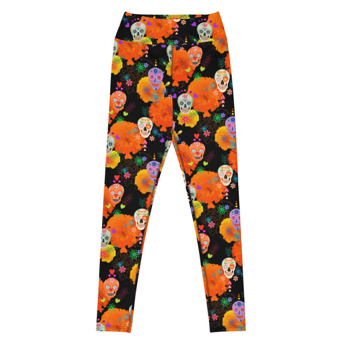 Sugar Skull alternative high-waisted leggings with sugar skulls and scattered daisies on black