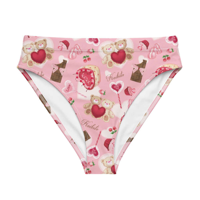 Sugar Sweetheart kawaii high-waisted bikini bottom in pastel pink with lace doily hearts and paired cherries
