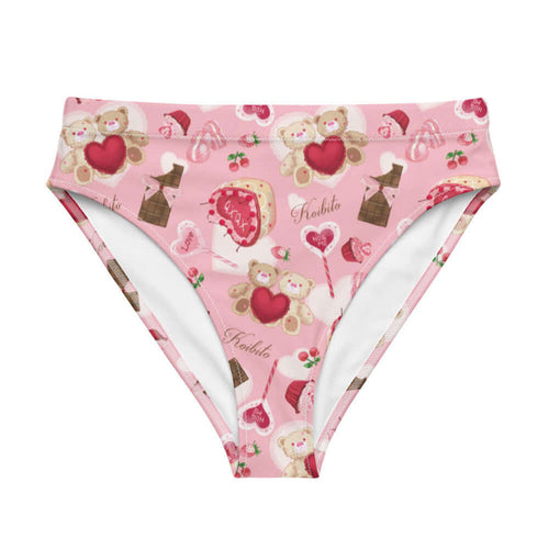 Sugar Sweetheart kawaii high-waisted bikini bottom in pastel pink with lace doily hearts and paired cherries