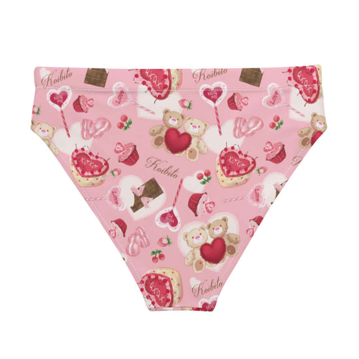 Sugar Sweetheart kawaii high-waisted bikini bottom in pastel pink with hugging teddy bears and XOXO heart cakes