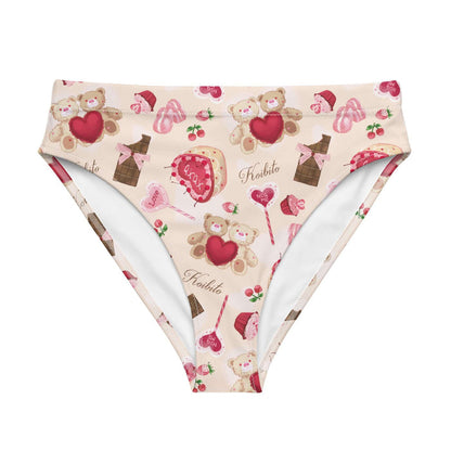 Sugar Sweetheart kawaii high-waisted bikini bottom with ribbon-tied chocolate bars and strawberries
