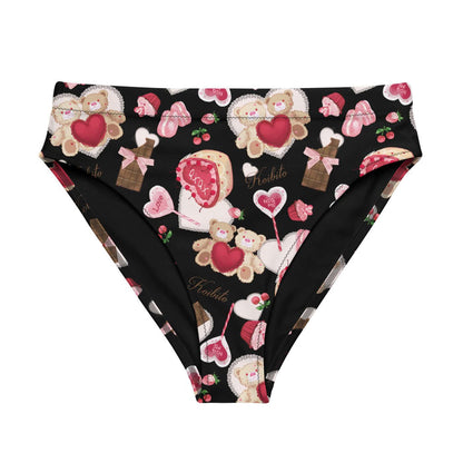 Sugar Sweetheart kawaii high-waisted bikini bottom with love-note lollipops and lace doily hearts