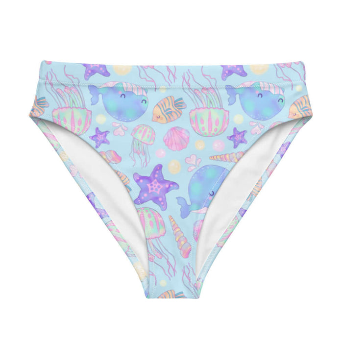 Under the Sea kawaii high-waisted bikini bottom in blue with pink jellyfish and golden bubbles