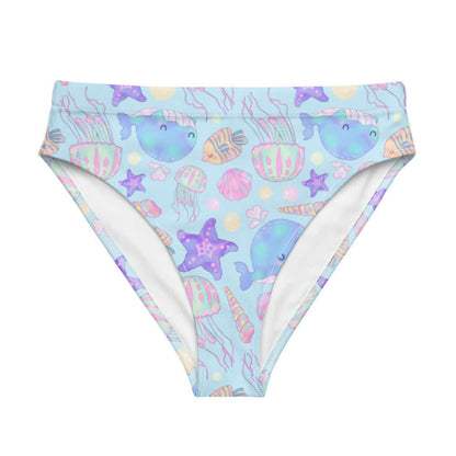 Under the Sea kawaii high-waisted bikini bottom in blue with pink jellyfish and golden bubbles