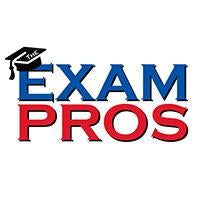 Logo for Exam Pros with blue and red text and a black graduation cap icon on a white background