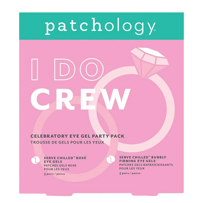 Patchology I Do Crew celebratory eye gel party pack on a pink background