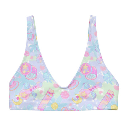 Indica Magica kawaii padded bikini top in pastel with candy-striped joints and crescent moons