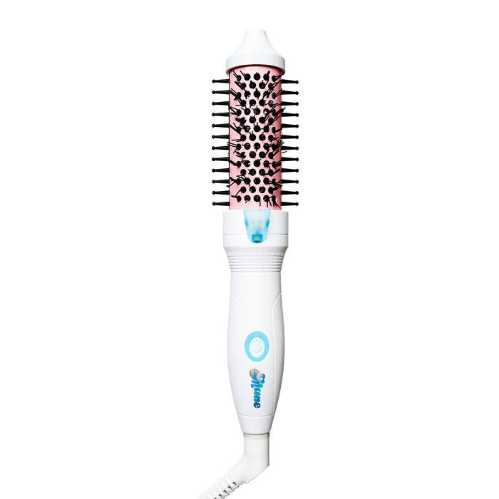 White hair styling tool with pink bristle head on a white background