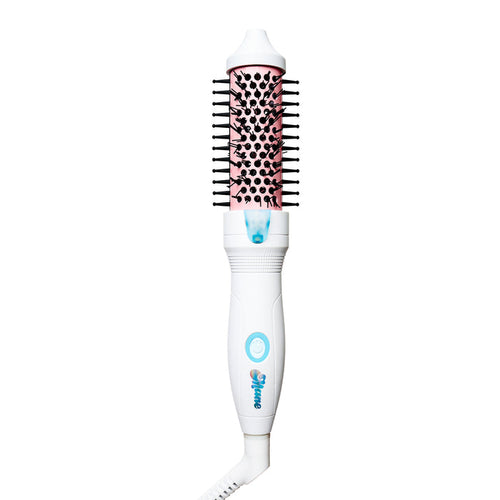 White hair styling tool with pink bristle head on a white background