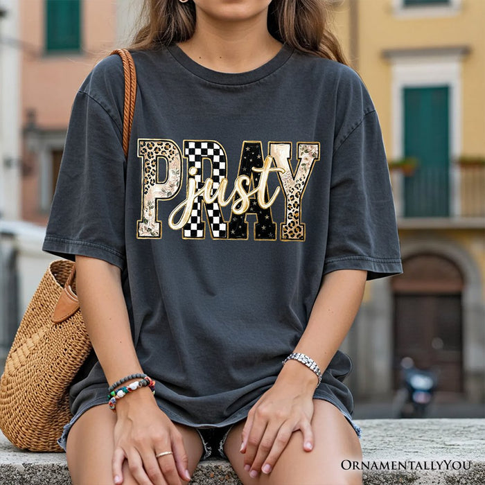 Just Pray Christian Varsity T-Shirt, Retro Leopard Checkered Faith Tee T-Shirts OrnamentallyYou