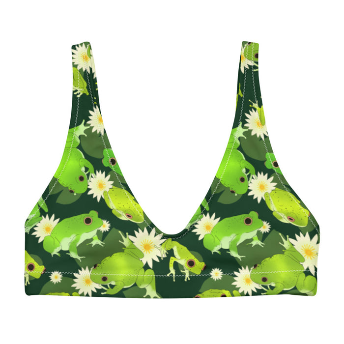 Kero-kero kawaii padded bikini top in green with speckled frogs and floating lily pads