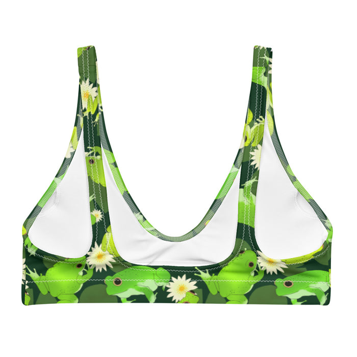 Kero-kero kawaii padded bikini top in green with webbed-toed frogs and white lotus blossoms