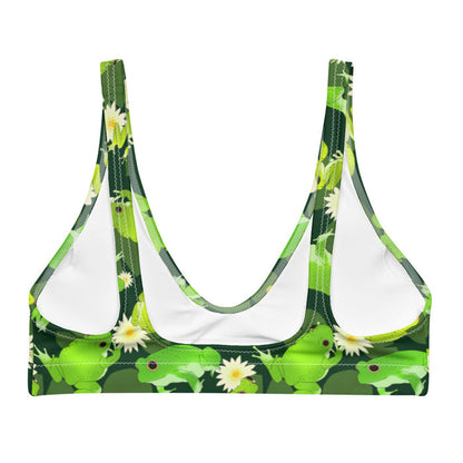 Kero-kero kawaii padded bikini top in green with webbed-toed frogs and white lotus blossoms