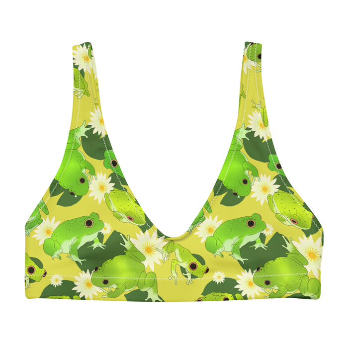 Kero-kero kawaii padded bikini top in green with hopping green frogs and sunlit water lilies