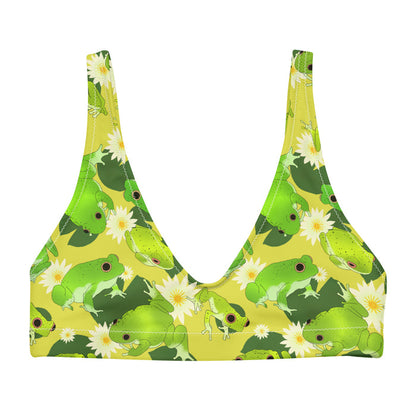 Kero-kero kawaii padded bikini top in green with hopping green frogs and sunlit water lilies