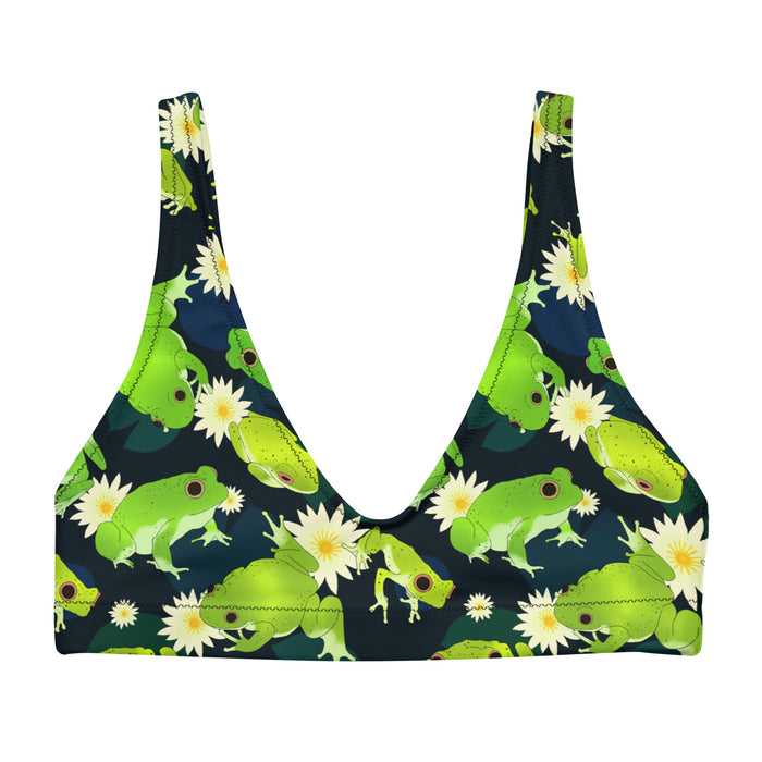 Kero-kero kawaii padded bikini top in green with plump green frogs and golden lily centers