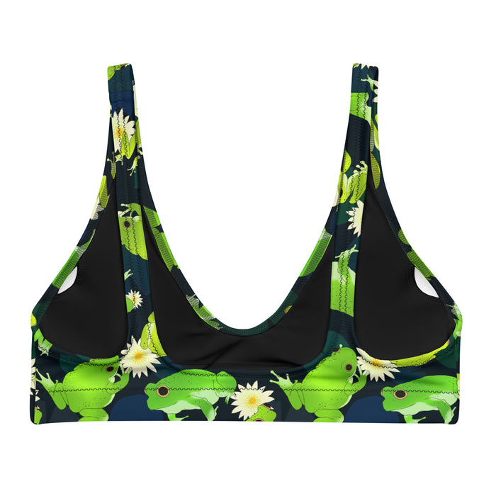 Kero-kero kawaii padded bikini top in green with bright green frogs and creamy lotus flowers